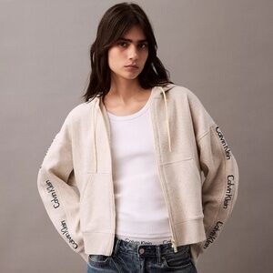 Calvin Klein Logo Tape Fleece Zip Hoodie in Vanilla Heather (XS)